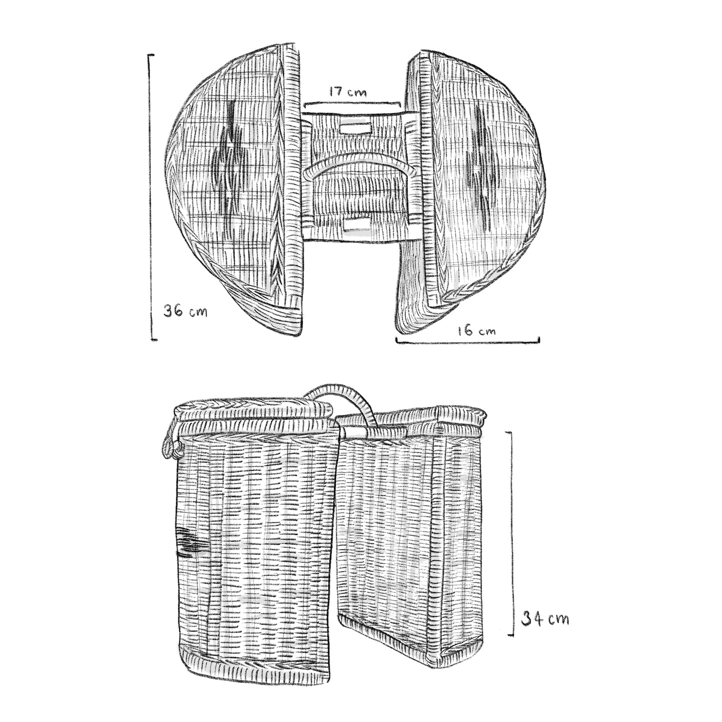 Black and white artistic drawings showing the dimensions of bike basket from birds eye view and side view